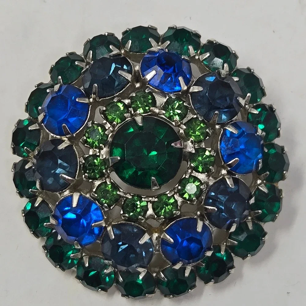 Vintage Austrian Blue Green Rhinestone Domed Brooch Mid Century Peacock Pin